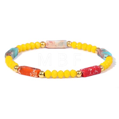 Dyed Synthetic Imperial Jasper Cuboid & Faceted Rondelle Dyed White Jade & Round Brass Beaded Stretch Bracelets QY8342-3-1