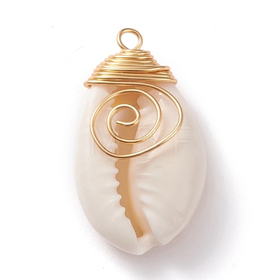 Natural Cowrie Shell Wire Wrapped Pendants PALLOY-JF00571-02-1