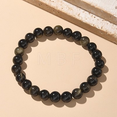 Natural Golden Sheen Obsidian Bead Stretch Bracelets X-BJEW-K212-B-020-1