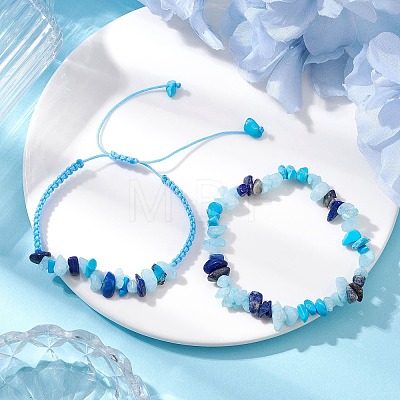 2Pcs Adjustable Natural Mixed Gemstone Braided Bracelet Sets BJEW-JB10994-1