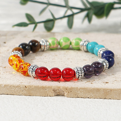 7 Chakra Gemstone and Alloy Round Beaded Stretch Bracelets TK2195-1