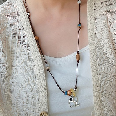Boho Alloy Elephant Pendant Adjustable Waxed Cord Necklaces WGBAB51-01-1