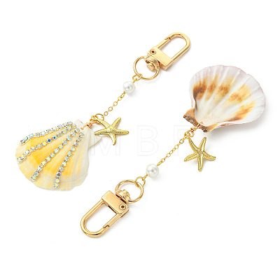 Natural Scallop Shell & Brass Rhinestone Pendant Decorations HJEW-TA00459-1