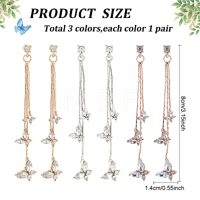 3 Pairs 3 Colors Crystal Rhinestone Butterfly Dangle Stud Earrings EJEW-AN0003-04-1