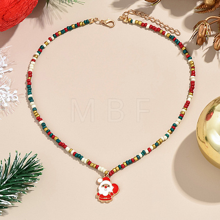Christmas Alloy Enamel Pendant Colorful Glass Seed Beaded Necklaces FS-WG695D6-04-1