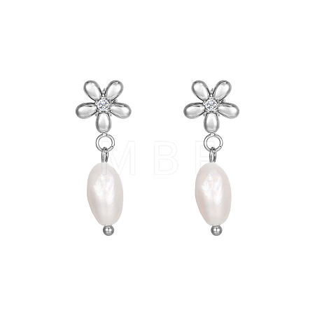 304 Stainless Steel Flower Earrings with Natural Pearls for Women GE0361-2-1