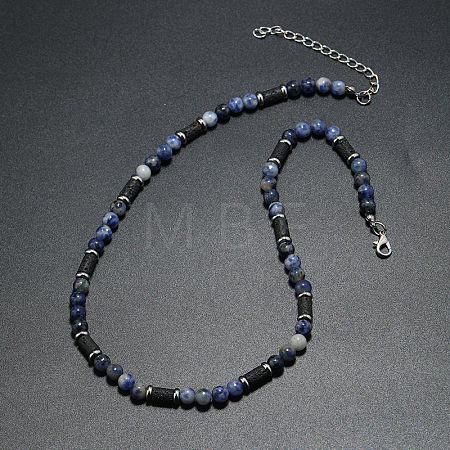 Natural Blue Spot Jasper Round and Lava Rock Column Beaded Necklaces for Men LS-AD4538-3-1