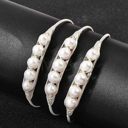 Brass Wire Wrapped Natural Pearl Open Cuff Bangles for Women BJEW-D453-03S-1