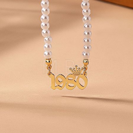 Alloy Crown Birth Year Pendant Imitation Pearl Round White Beaded Necklaces for Women FS-WG173C9-20-1