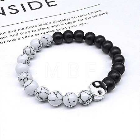 Natural Howlite & Synthetic Black Stone Beaded Stretch Bracelets with Yin-yang JE8006-3-1