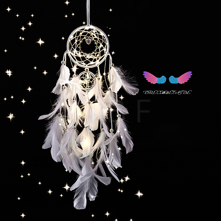Indian Style Cotton Rope Woven Net/Web with Feather Pendant Decoration HJEW-PW0001-029B-01-1