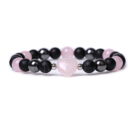 Natural Rose Quartz Heart Beaded Stretch Bracelet PW-WG70241-04-1