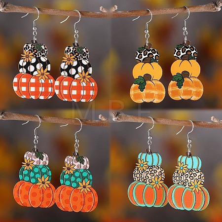 4 Pairs Thanksgiving Day Pumpkin Stainless Steel Wood Dangle Earrings FS-WG285B1-05-1