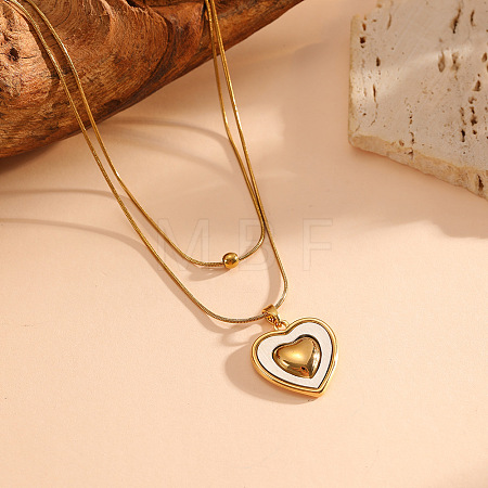 304 Stainless Steel Natural White Shell Heart Pendant Double Layer Necklaces for Women WG85E59-02-1