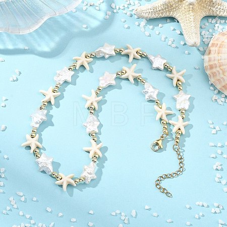 Ocean Synthetic Turquoise Starfish & Natural Baroque Keshi Pearl Star Beaded Necklaces for Women NJEW-JN06314-1