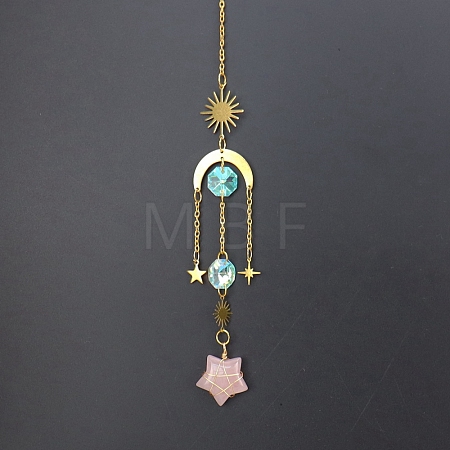 Natural Rose Quartz Star Sun Catcher Hanging Ornaments with Brass Sun HJEW-PW0002-13C-1