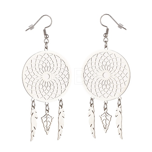 304 Stainless Steel Woven Net with Feather Dangle Earrings for Women EJEW-JE05005-1