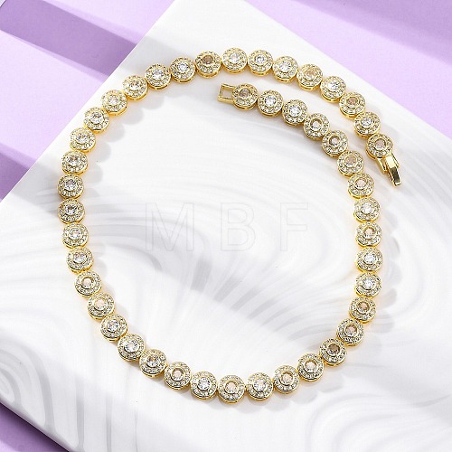 Brass Pave Clear Cubic Zirconia Flat Round Link Chain Necklaces for Women NJEW-A044-01G-1