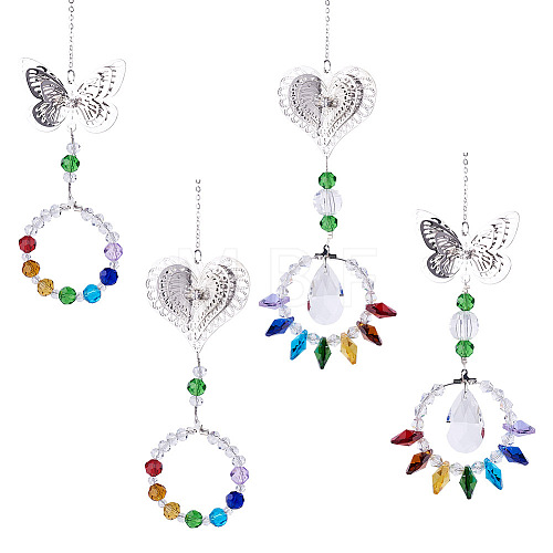 4Pcs 4 Style Butterfly & Heart Crystals Chandelier Suncatchers Prisms Chakra Hanging Pendant AJEW-CF0001-17-1