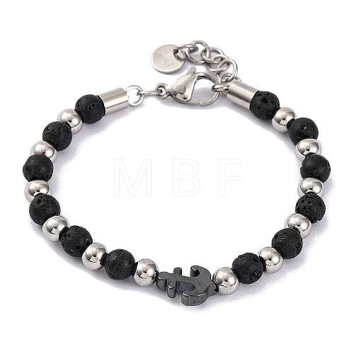 Natural Lava Rock & Synthetic Magnetic Hematite Anchor Beaded Bracelet BJEW-P339-01P-06-1