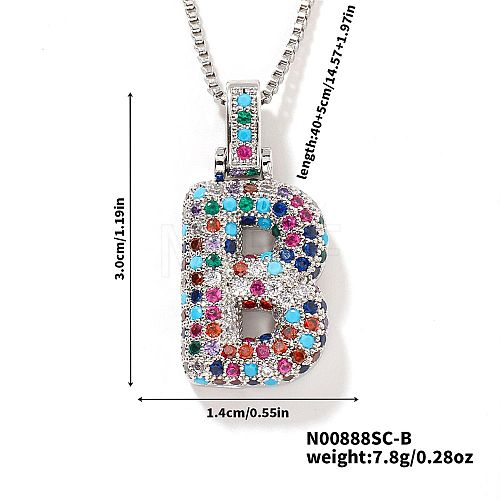 Brass Pave Colorful Cubic Zirconia Letter Pendant Box Chain Necklaces NU0575-28-1