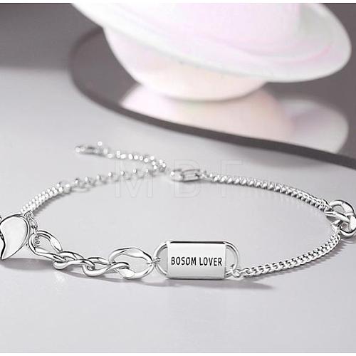 Rhodium Plated 925 Sterling Silver Word Love Link Bracelet with Heart Charms for Lovers JB766A-1