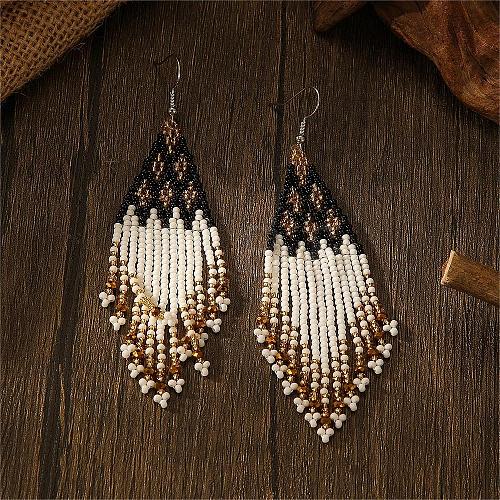 Bohemian Style Geometric Glass Seed Bead Handmade Tassel Dangle Earrings for Women RE9074-1-1