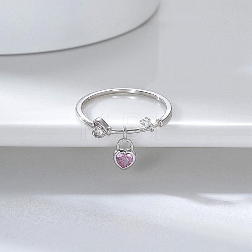 Rhodium Plated 925 Sterling Silver Finger Ring with Cubic Zirconia Heart Pad Charms RJEW-C064-34B-P-1