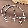 Brass Micro Pave Clear Cubic Zirconia Cross Pendant Round Beaded Bib Necklaces for Women NJEW-F364-04P-3