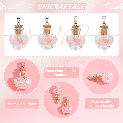 Unicraftale 12Pcs Heart Glass Bottle with Rose Quartz inside Pendants FIND-UN0001-92-1