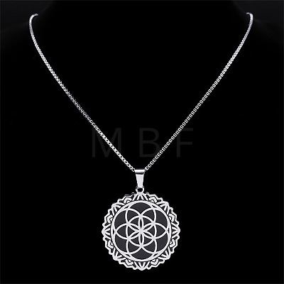 201 Stainless Steel Flower of Life Pendant Box Chain Necklaces for Women FS-WGA65E4-01-1
