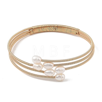 Natural Freshwater Pearl & Brass 3-Strand Open Cuff Bangles BJEW-JB14229-1