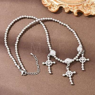 Brass Micro Pave Clear Cubic Zirconia Cross Pendant Round Beaded Bib Necklaces for Women NJEW-F364-04P-1