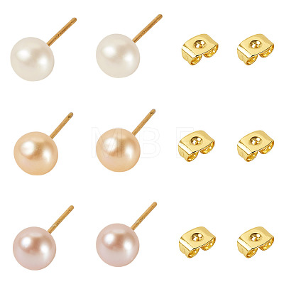 6Pcs 3 Colors Natural Cultured Freshwater Pearl Stud Earrings EJEW-TAC00025-1