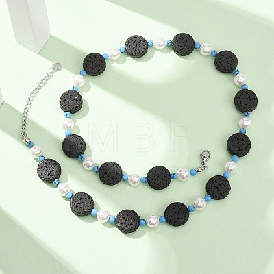 Dyed Natural Lava Rock & Round Synthetic Turquoise & Imitation Pearl Beaded Necklaces GG-CBA922D-07B-1
