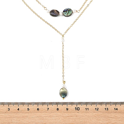 Natural Paua Shell Geometric Y Pendant Brass Double Layered Necklaces NJEW-JN06532-1