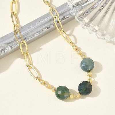 Natural Moss Agate Faceted Flat Round Beaded Brass Paperclip Chain Bracelets GG-CBA37F5-02G-02-1