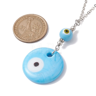 Light Sky Blue Glass Evil Eye Pendant Necklace with Alloy Cable Chains NJEW-JN04650-01-1