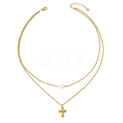 Natural Pearl Rice and 304 Stainless Steel Pendant Double Layer Necklaces for Women NJEW-JN06211-01-1