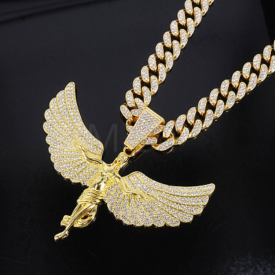 Zinc Alloy Full Crystal Rhinestone Goddess with Angel Wings Pendant Cuban Link Chain Necklaces for Women FS-WGAC8C0-01-1