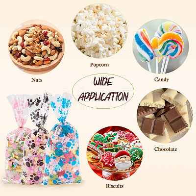 60Pcs 3 Colors Rectangle OPP Cellophane Paw Print Printed Candy Storage Bags ABAG-TA0001-74-1
