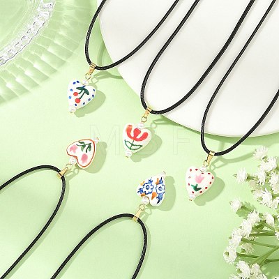 Printed Porcelain Heart Penant Black Waxed Cord Necklace for Women NJEW-JN06482-1
