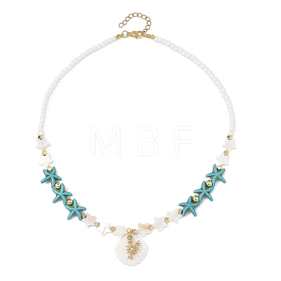 Summer Beach Carved Natural Freshwater Shell and Alloy Shrimp Pendant Starfish Dyed Synthetic Turquoise & Glass Beaded Necklaces for Women NJEW-JN06506-01-1