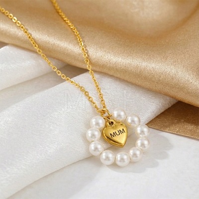 304 Stainless Steel with Plastic Pearl Beaded Ring Mum Heart Pendant Necklaces for Mother's Day FS-WG96BC2-01-1