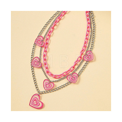 Acrylic Pink Glitter Heart Pendant 304 Stainless Steel Chain 3 Layer Necklaces for Women FS-WG9B734-01-1