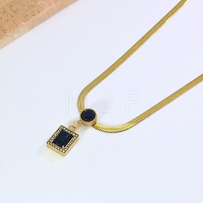 Vintage Stainless Steel Natural Black Onyx(Dyed & Heated) Rectangle Pendant Flat Snake Chain Necklaces for Women DM4995-1