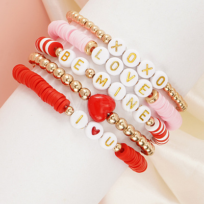 Polymer Clay & Plastic & Acrylic Heart Letter Beaded Stretch Adjustable Stackable Bracelet Sets for Women YY5680-1