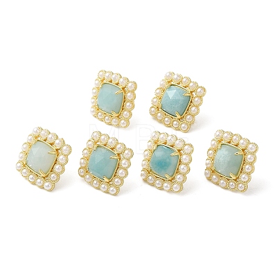 Natural Amazonite Square Stud Earrings with Plastic Pearl Beaded EJEW-E599-03G-01-1