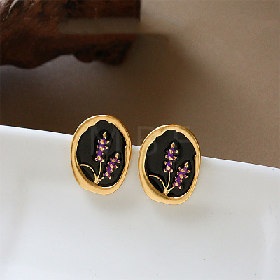 Brass Enamel Oval & Flower Stud Earrings WG2CA86-01-1