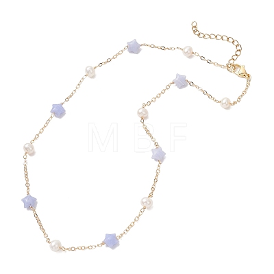 Synthetic Blue Lace Agate Star & Natural Freshwater Pearl & Brass Link Chain Necklaces NJEW-JN05687-02-1